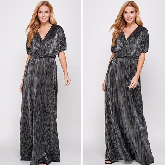 Black & Silver V-Neck Twist Draped Formal Dress - Picture 3 of 5